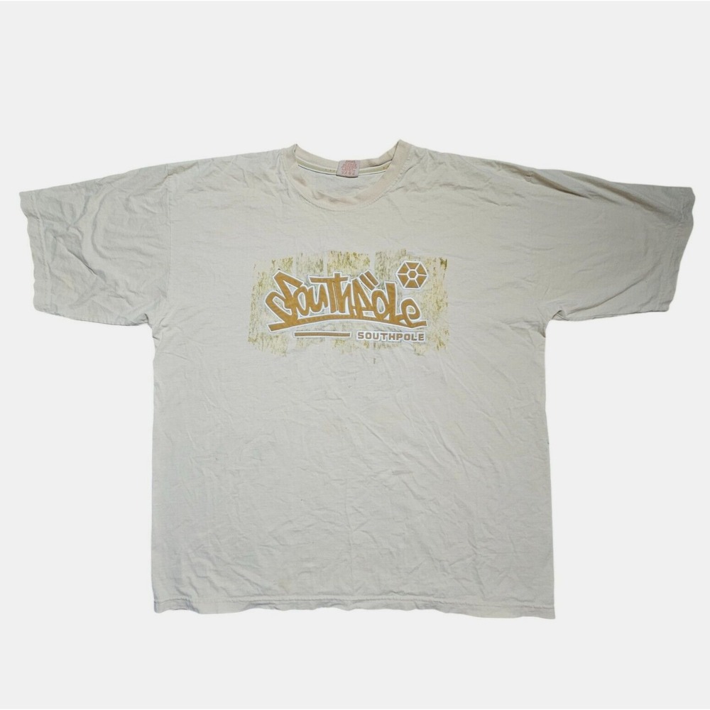 Southpole Graphic T-Shirt Flocked Logo Mens Biege Short Sleeve Size XL VTG